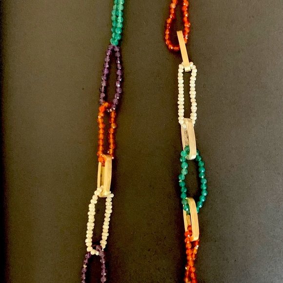 Green purple orange color semi-precious stones & pearls necklace metal bar rings - Picture 10 of 10